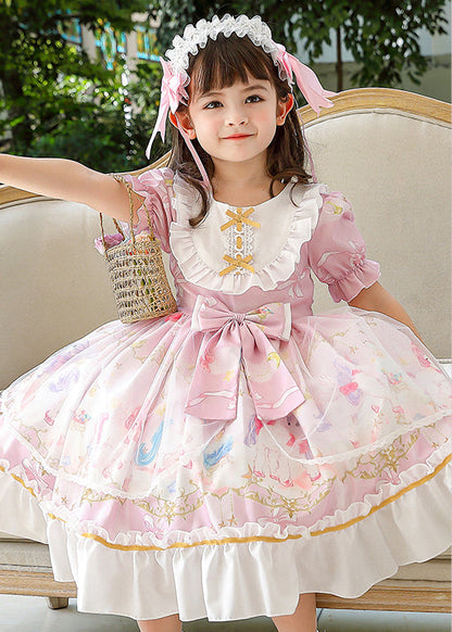 Boutique Pink Puff Sleeve Print Bow Chiffon Kids Maxi Dresses Summer