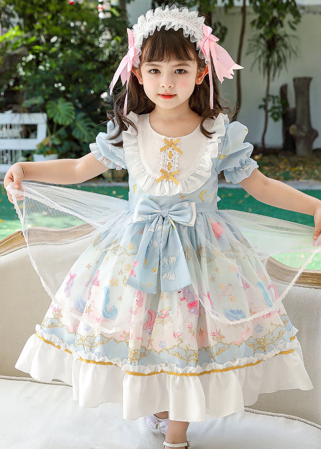 Boutique Pink Puff Sleeve Print Bow Chiffon Kids Maxi Dresses Summer