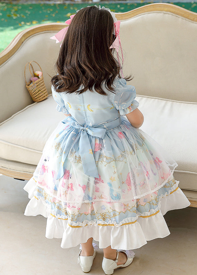 Boutique Pink Puff Sleeve Print Bow Chiffon Kids Maxi Dresses Summer