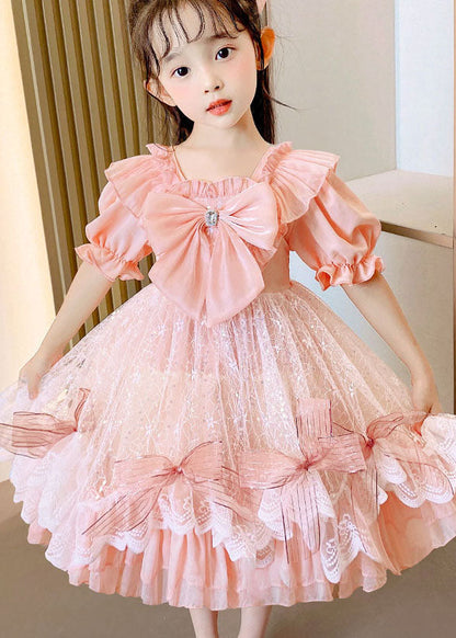 Boutique Pink Ruffled Bow Patchwork Tulle Kids Dress Summer