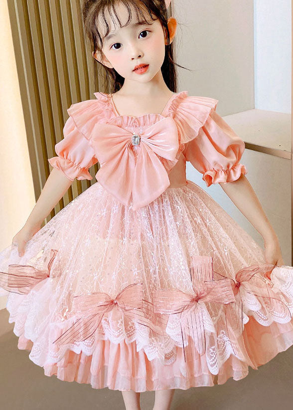 Boutique Pink Ruffled Bow Patchwork Tulle Kids Dress Summer