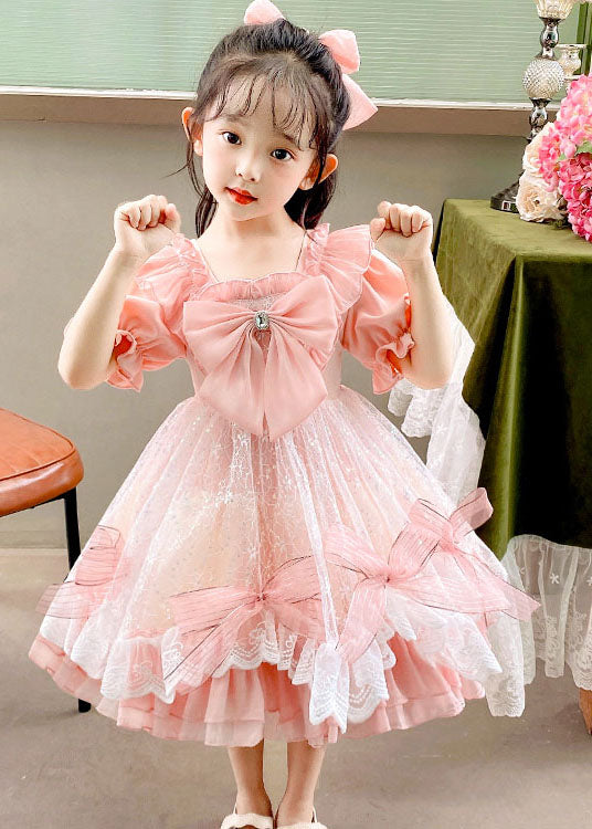 Boutique Pink Ruffled Bow Patchwork Tulle Kids Dress Summer