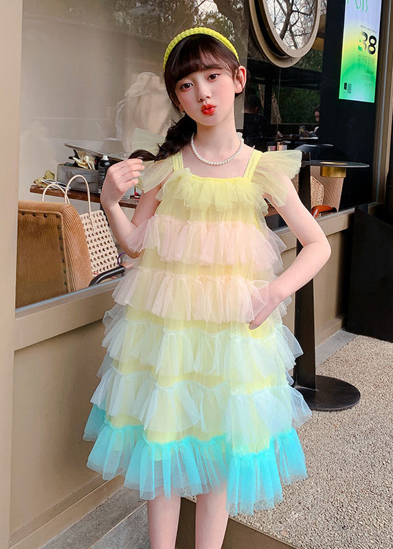 Boutique Pink Square Collar Layered Ruffled Tulle Kids Beach Dresses Summer