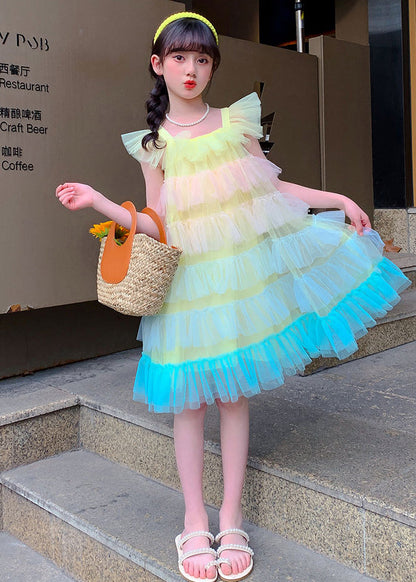 Boutique Pink Square Collar Layered Ruffled Tulle Kids Beach Dresses Summer