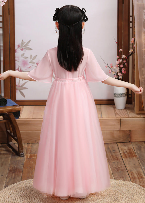 Boutique Pink V Neck Layered Patchwork Tulle Maxi Dress Short Sleeve