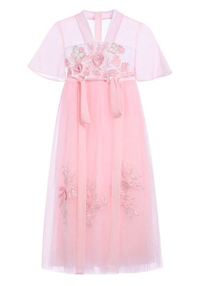 Boutique Pink V Neck Layered Patchwork Tulle Maxi Dress Short Sleeve