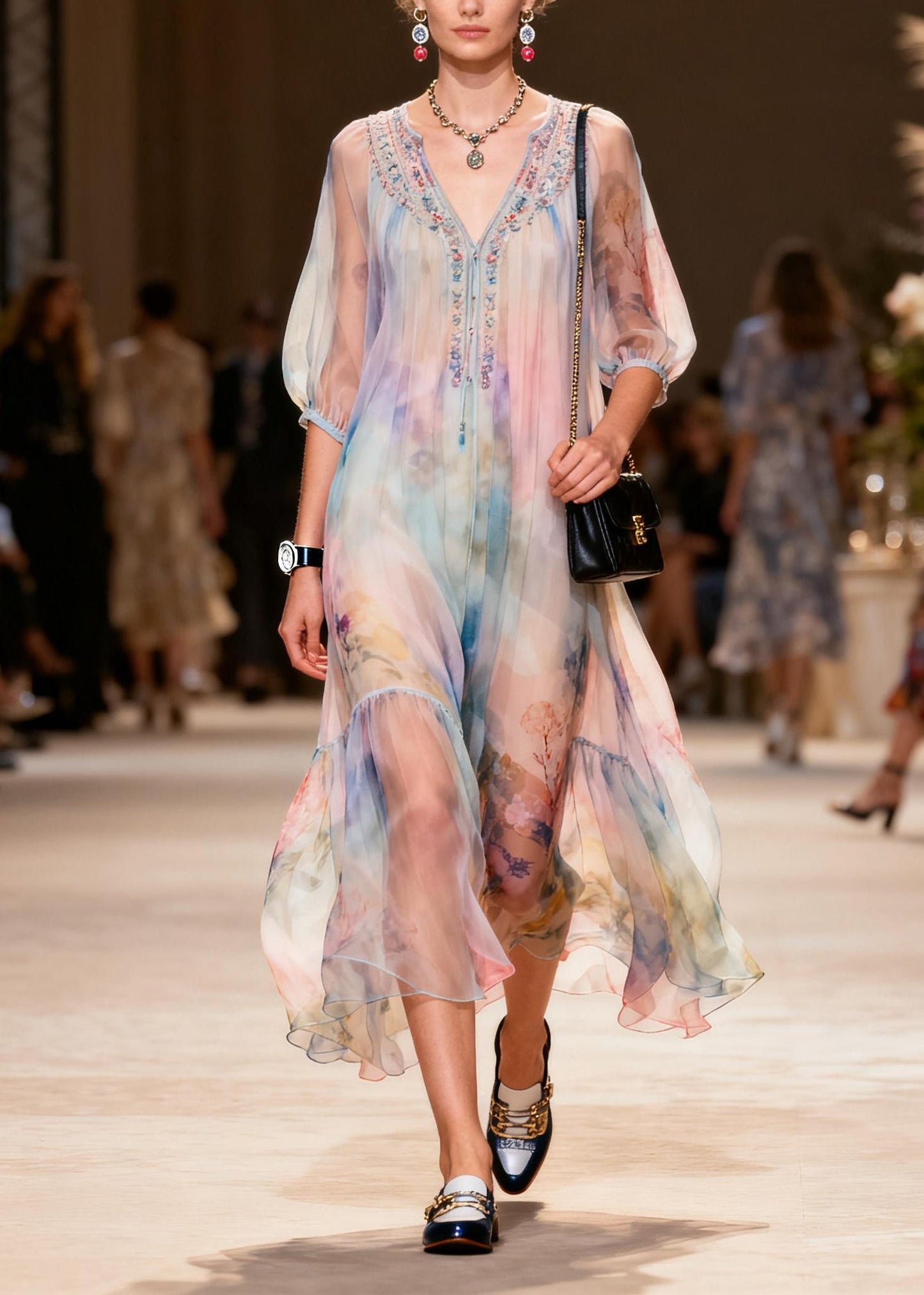 Boutique Pink V Neck Print Chiffon Holiday Dress Summer