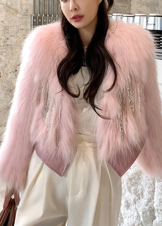 Boutique Pink V Neck Tassel Sheepskin Patchwork Leather and Fur Coats Winter