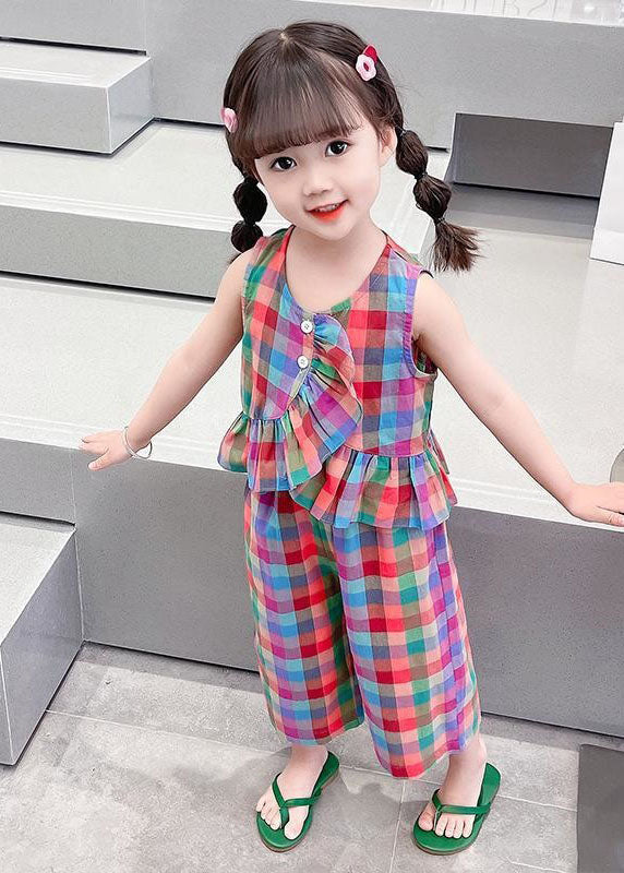 Boutique Plaid Ruffled Tops and Pants Cotton Kids Two Pieces Set Sleeveless