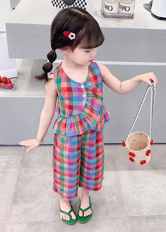 Boutique Plaid Ruffled Tops and Pants Cotton Kids Two Pieces Set Sleeveless