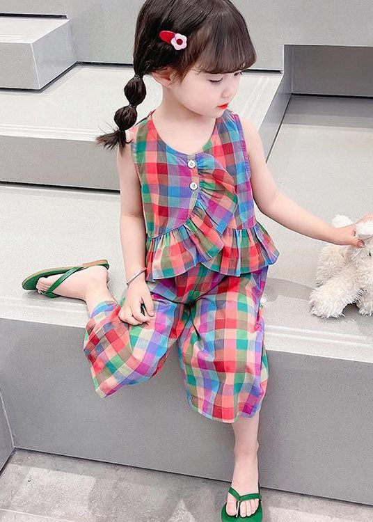 Boutique Plaid Ruffled Tops and Pants Cotton Kids Two Pieces Set Sleeveless