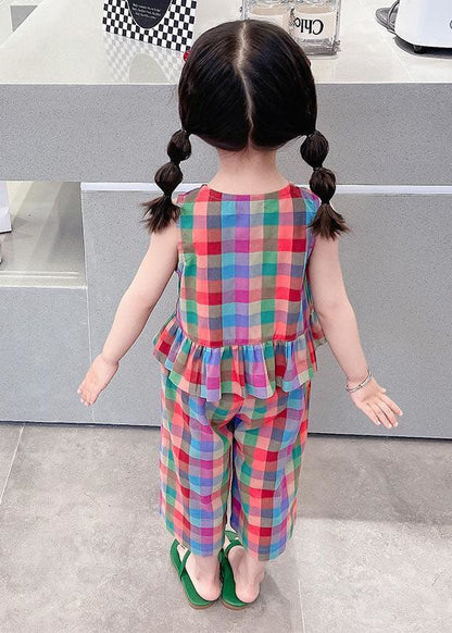 Boutique Plaid Ruffled Tops and Pants Cotton Kids Two Pieces Set Sleeveless