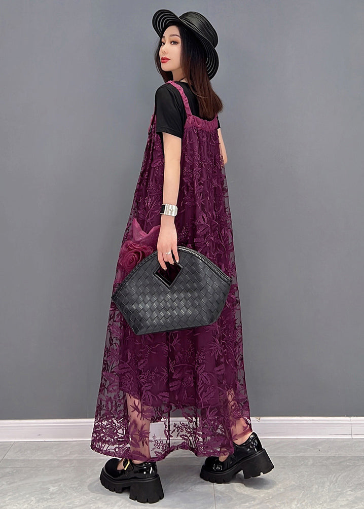 Boutique Purple Big Pockets Patchwork Lace Strap Long Dress Summer