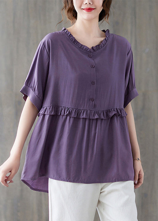 Boutique Purple Button Ruffled Patchwork Tank Top Short Sleeve