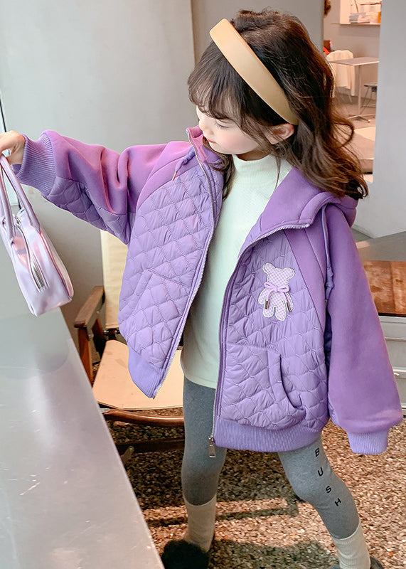 Boutique Purple Hooded Pockets Fine Cotton Filled Kids Coat Winter