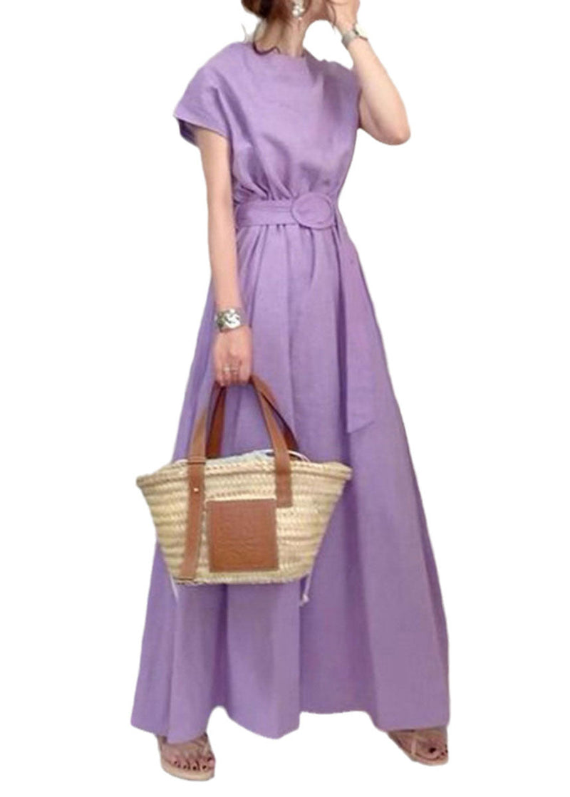 Boutique Purple O-neck Exra Large Hem Cotton Long Cinched Dress Short Sleeve
