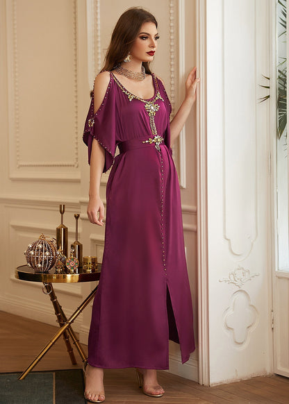 Boutique Purple O-neck Patchwork Cold Shoulder Slim Silk Holiday Long Dress Summer