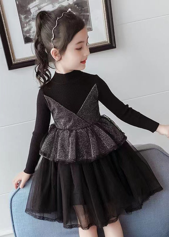Boutique Purple O Neck Tulle Patchwork Knit Baby Dress Fall