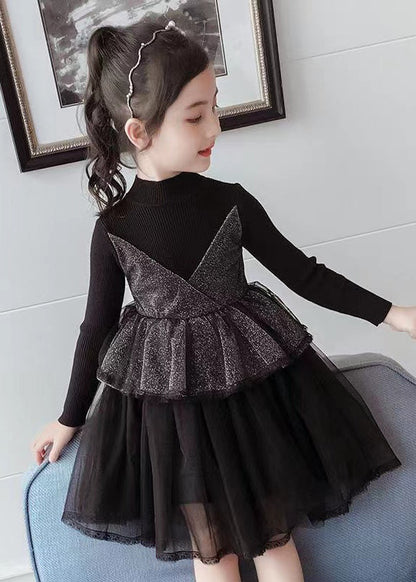 Boutique Purple O Neck Tulle Patchwork Knit Baby Dress Fall