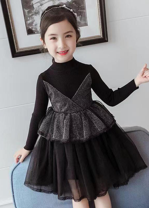 Boutique Purple O Neck Tulle Patchwork Knit Baby Dress Fall