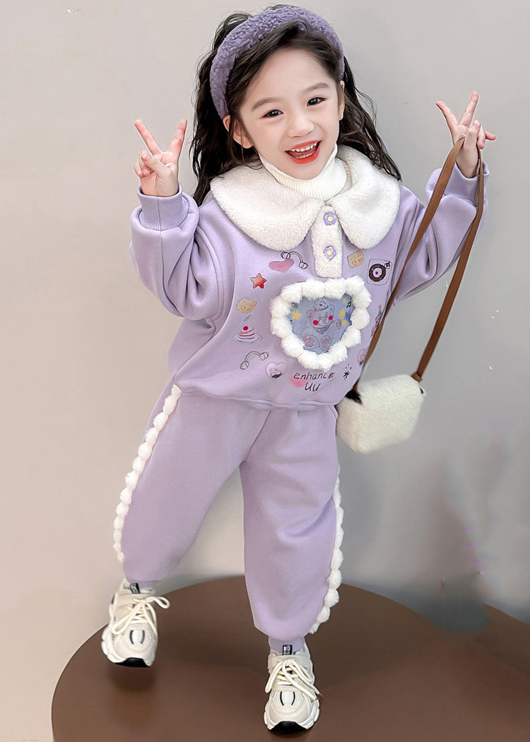 Boutique Purple Peter Pan Collar Print Kids Warm Fleece Sweatshirt and Harem Pants Two Pieces Set Winter