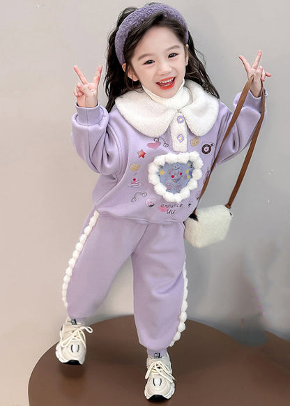 Boutique Purple Peter Pan Collar Print Kids Warm Fleece Sweatshirt and Harem Pants Two Pieces Set Winter