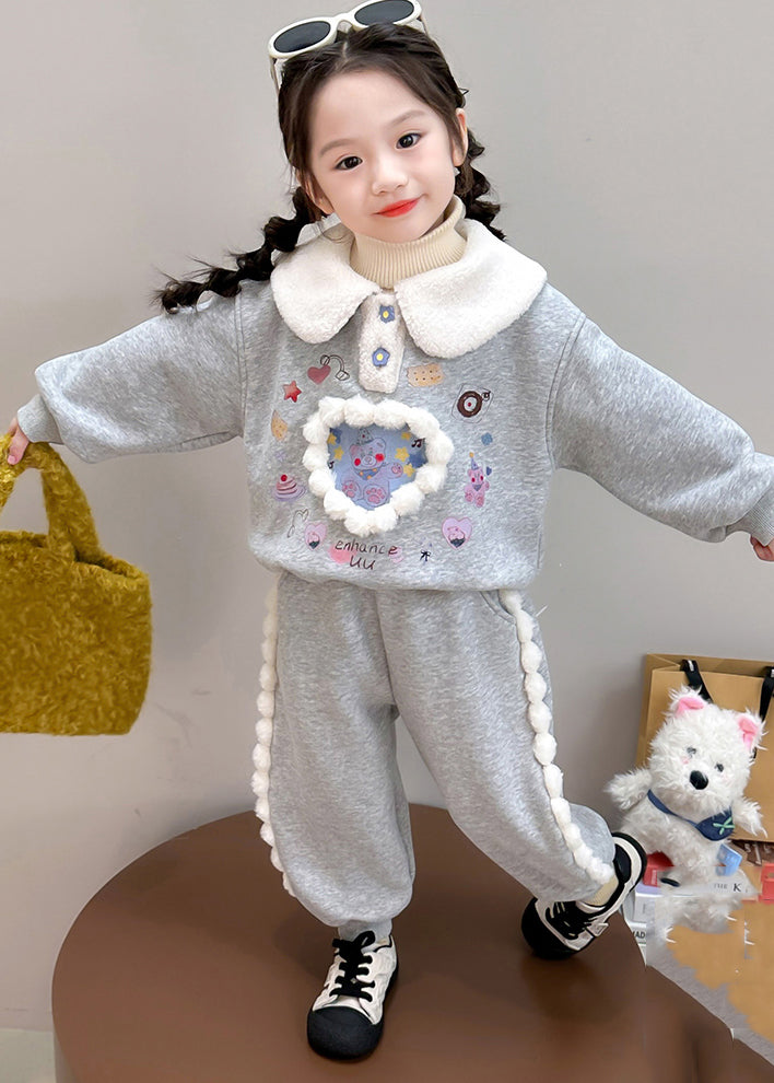 Boutique Purple Peter Pan Collar Print Kids Warm Fleece Sweatshirt and Harem Pants Two Pieces Set Winter