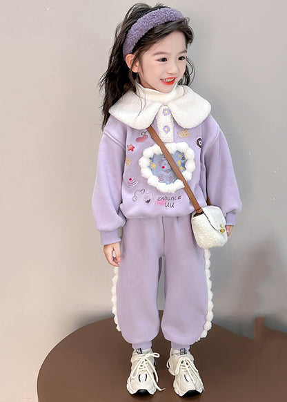 Boutique Purple Peter Pan Collar Print Kids Warm Fleece Sweatshirt and Harem Pants Two Pieces Set Winter