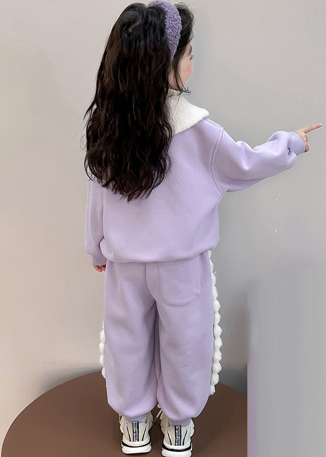 Boutique Purple Peter Pan Collar Print Kids Warm Fleece Sweatshirt and Harem Pants Two Pieces Set Winter