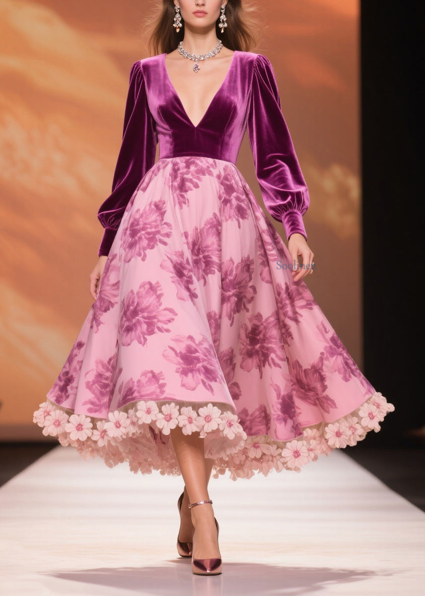 Boutique Purple Print Patchwork Silk Velvet Party Dress Spring