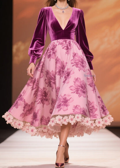 Boutique Purple Print Patchwork Silk Velvet Party Dress Spring
