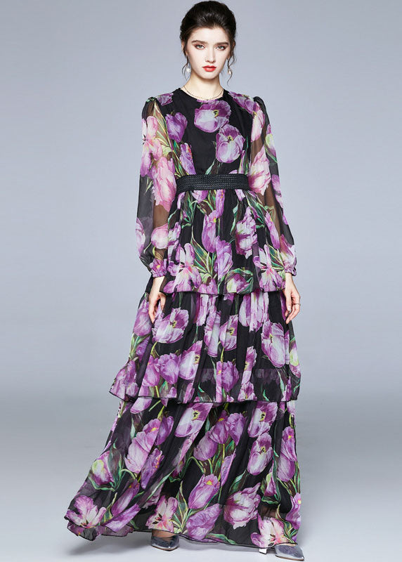 Boutique Purple Print O-neck Layered Design Chiffon Long Dresses Fall