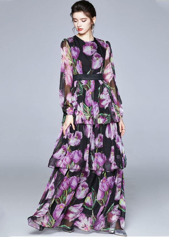 Boutique Purple Print O-neck Layered Design Chiffon Long Dresses Fall