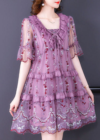 Boutique Purple Ruffles Print Hollow Out Tulle a Line Dresses Summer