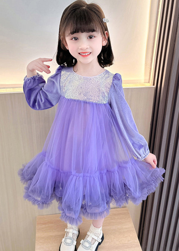 Boutique Purple Sequins Ruffled Patchwork Tulle Kids Robe Dresses Fall