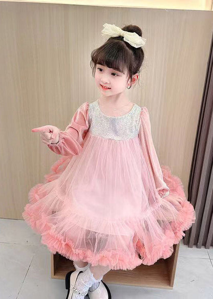 Boutique Purple Sequins Ruffled Patchwork Tulle Kids Robe Dresses Fall