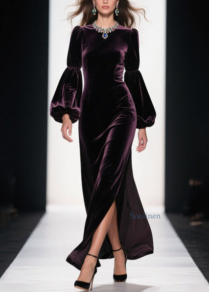 Boutique Purple Side Open Patchwork Velvet Ankle Dress Spring
