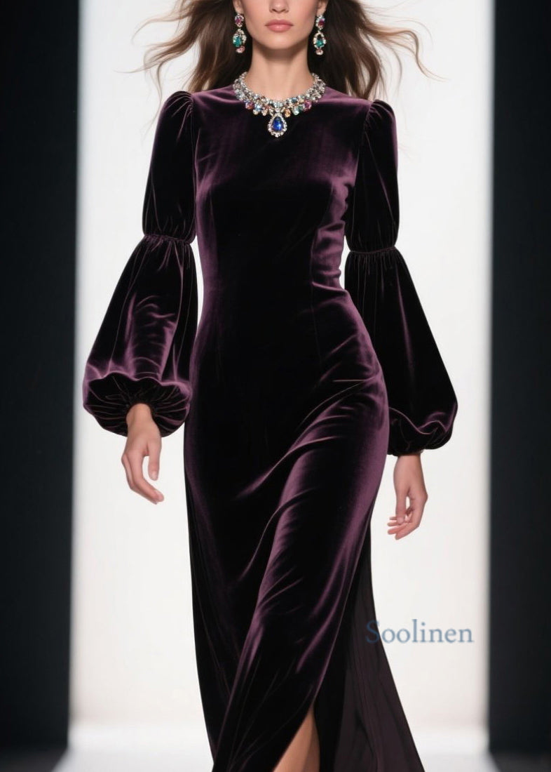 Boutique Purple Side Open Patchwork Velvet Ankle Dress Spring