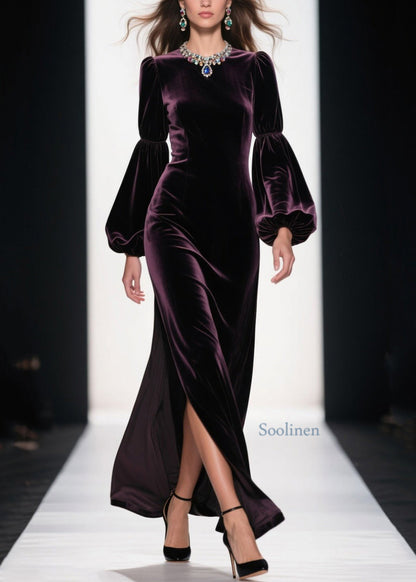 Boutique Purple Side Open Patchwork Velvet Ankle Dress Spring