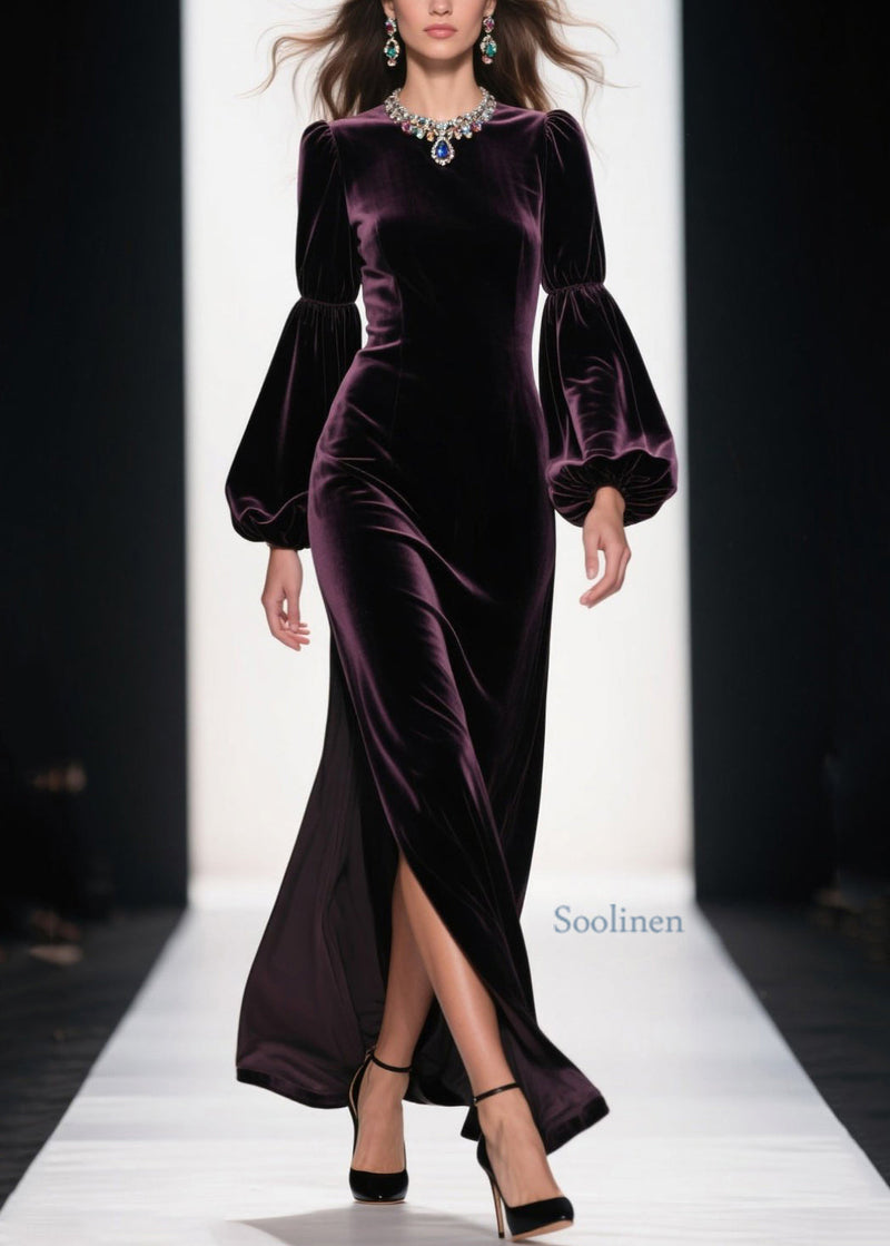 Boutique Purple Side Open Patchwork Velvet Ankle Dress Spring