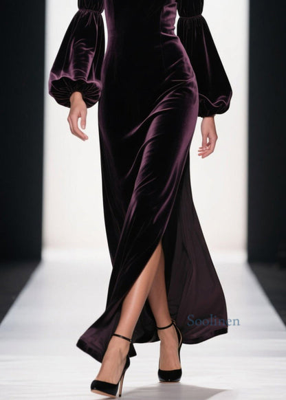 Boutique Purple Side Open Patchwork Velvet Ankle Dress Spring