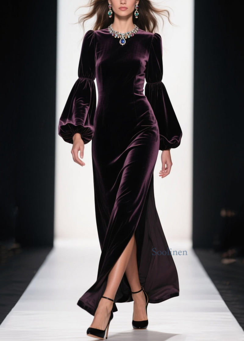Boutique Purple Side Open Patchwork Velvet Ankle Dress Spring