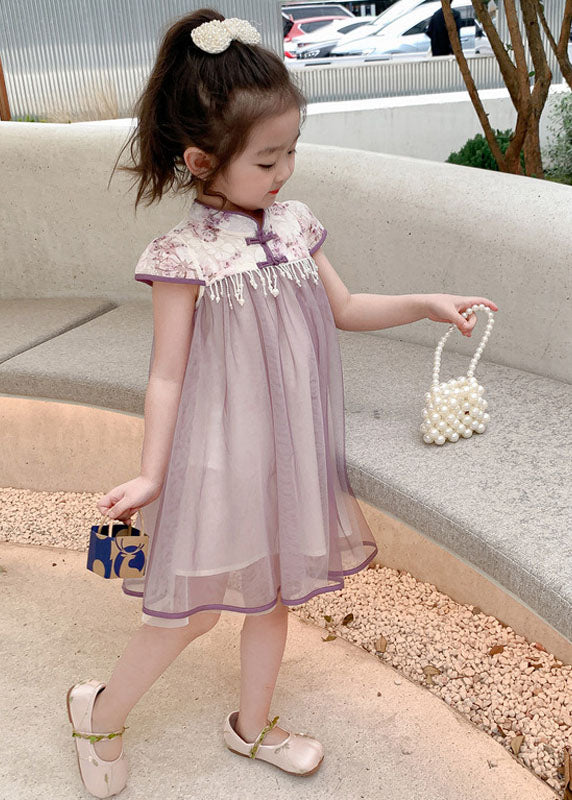 Boutique Purple Tasseled Bow Patchwork Tulle Kids Dress Summer