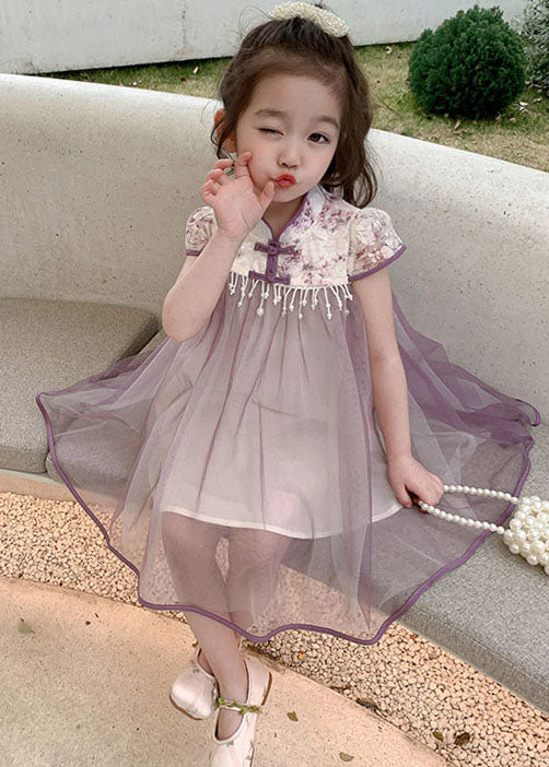 Boutique Purple Tasseled Bow Patchwork Tulle Kids Dress Summer