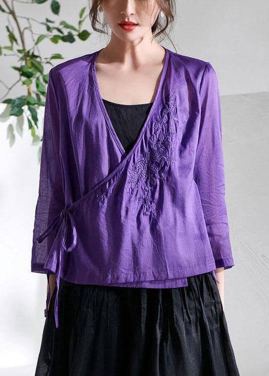 Boutique Purple Tie Waist Asymmetrical Design Summer Ramie Top