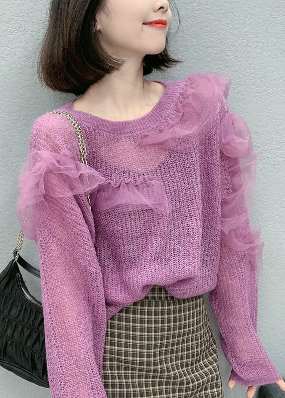 Boutique Purple Tulle Ruffled Loose Fall Knit Sweaters