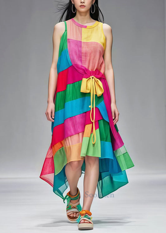 Boutique Rainbow Asymmetrical Patchwork Cotton Dress Summer
