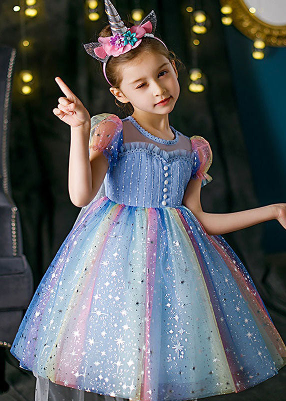 Boutique Rainbow Puff Sleeve Sequins Patchwork Tulle Baby Dress Summer