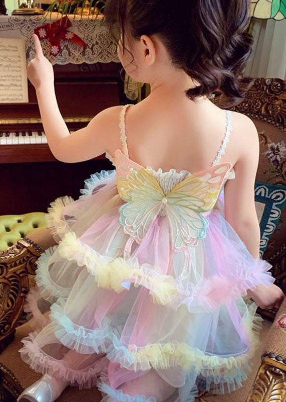 Boutique Rainbow Ruffled Butterfly Patchwork Tulle Kids Dresses Sleeveless