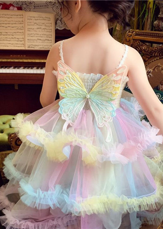 Boutique Rainbow Ruffled Butterfly Patchwork Tulle Kids Dresses Sleeveless